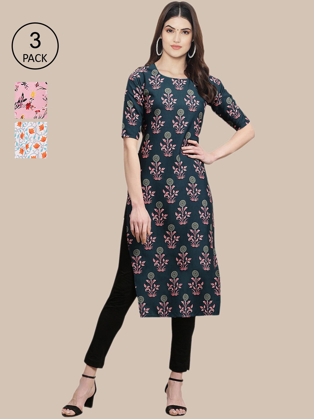 

Ethnic basket Women Pack of 3 Floral Printed Crepe Kurta, Pink