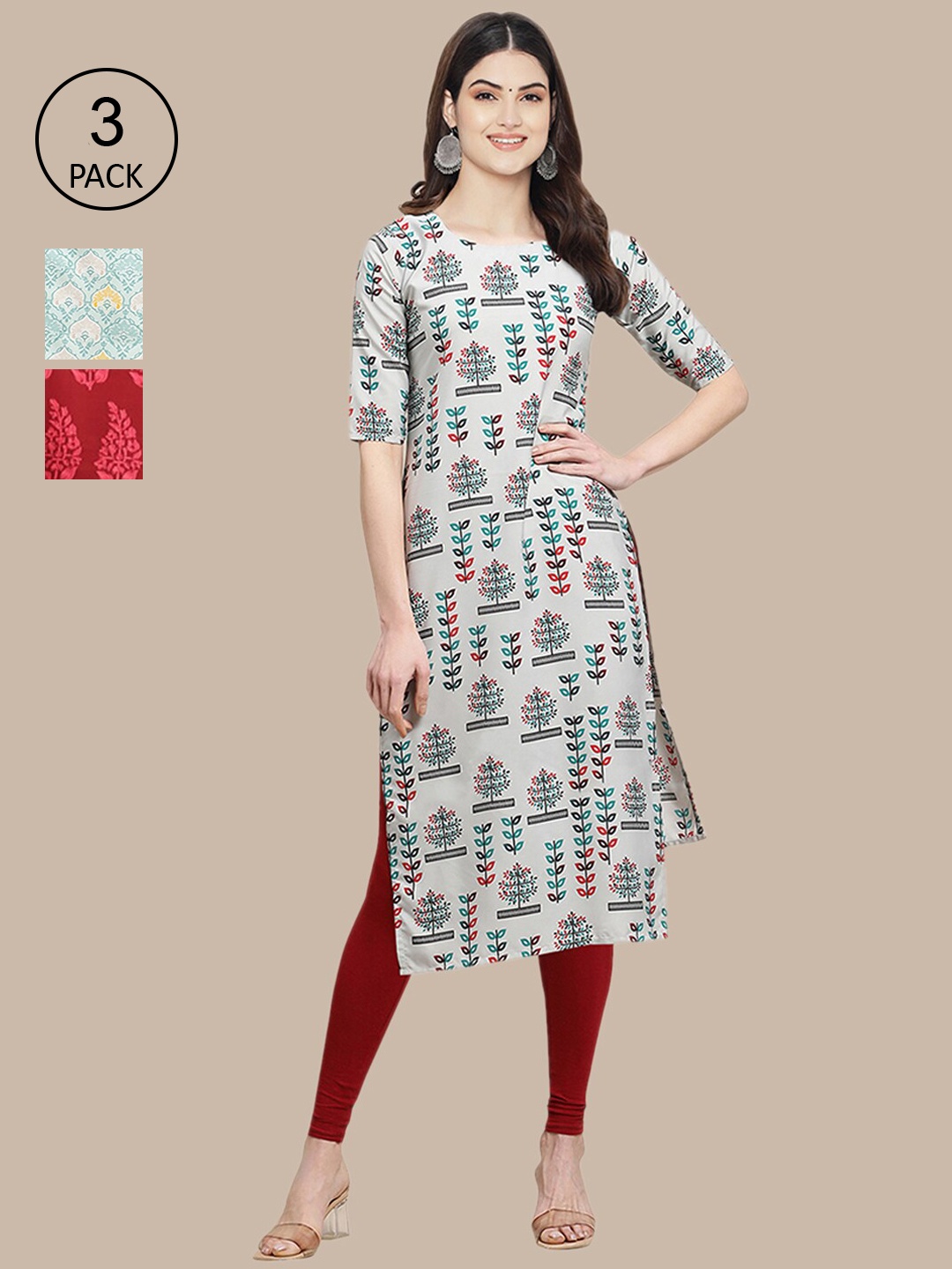 

Ethnic basket Pack Of 3 Women Grey & Sea Green Floral Printed Crepe Kurta