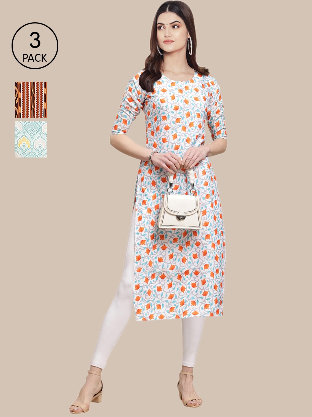 

Ethnic basket Pack Of 3 Women White & Sea Green Floral Printed Crepe Kurta
