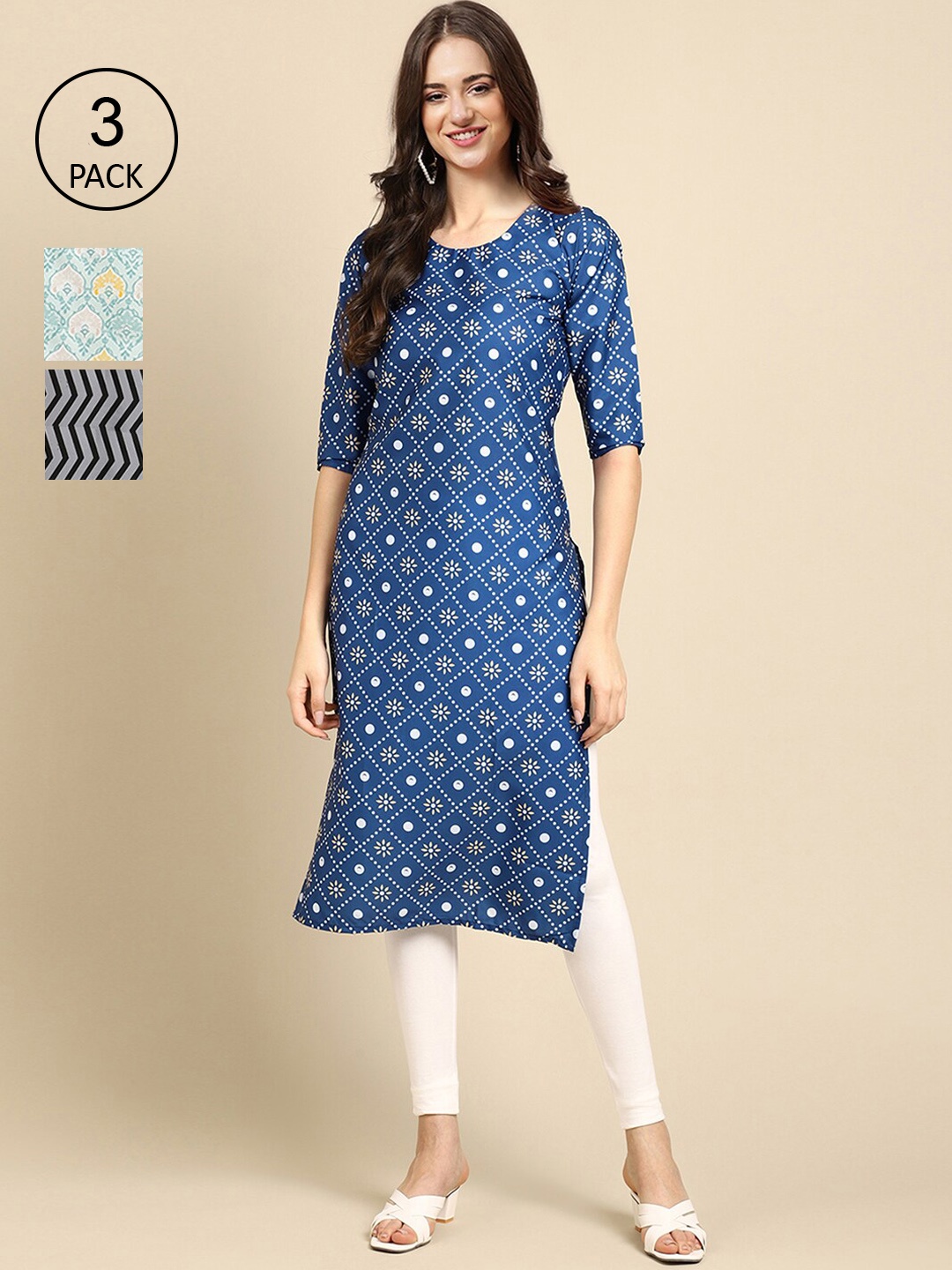 

Ethnic basket Stylish Pack of 3 Women's Crepe Printed Straight Kurta, Navy blue