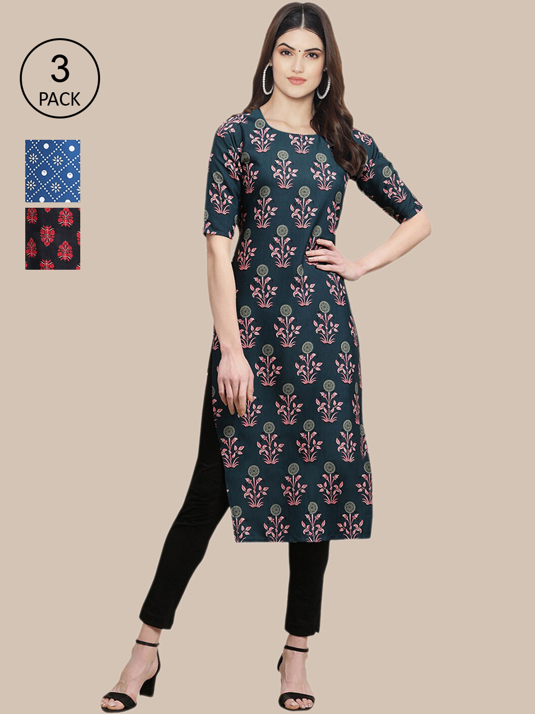 

Ethnic basket Women Pack Of 3 Ethnic Motifs Printed Crepe Kurta, Blue