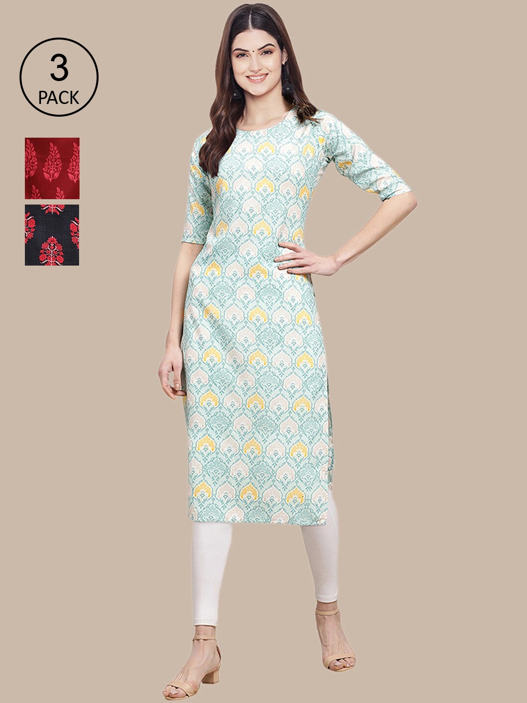 

Ethnic basket Women Pack Of 3 Ethnic Motifs Printed Crepe Kurta, Charcoal
