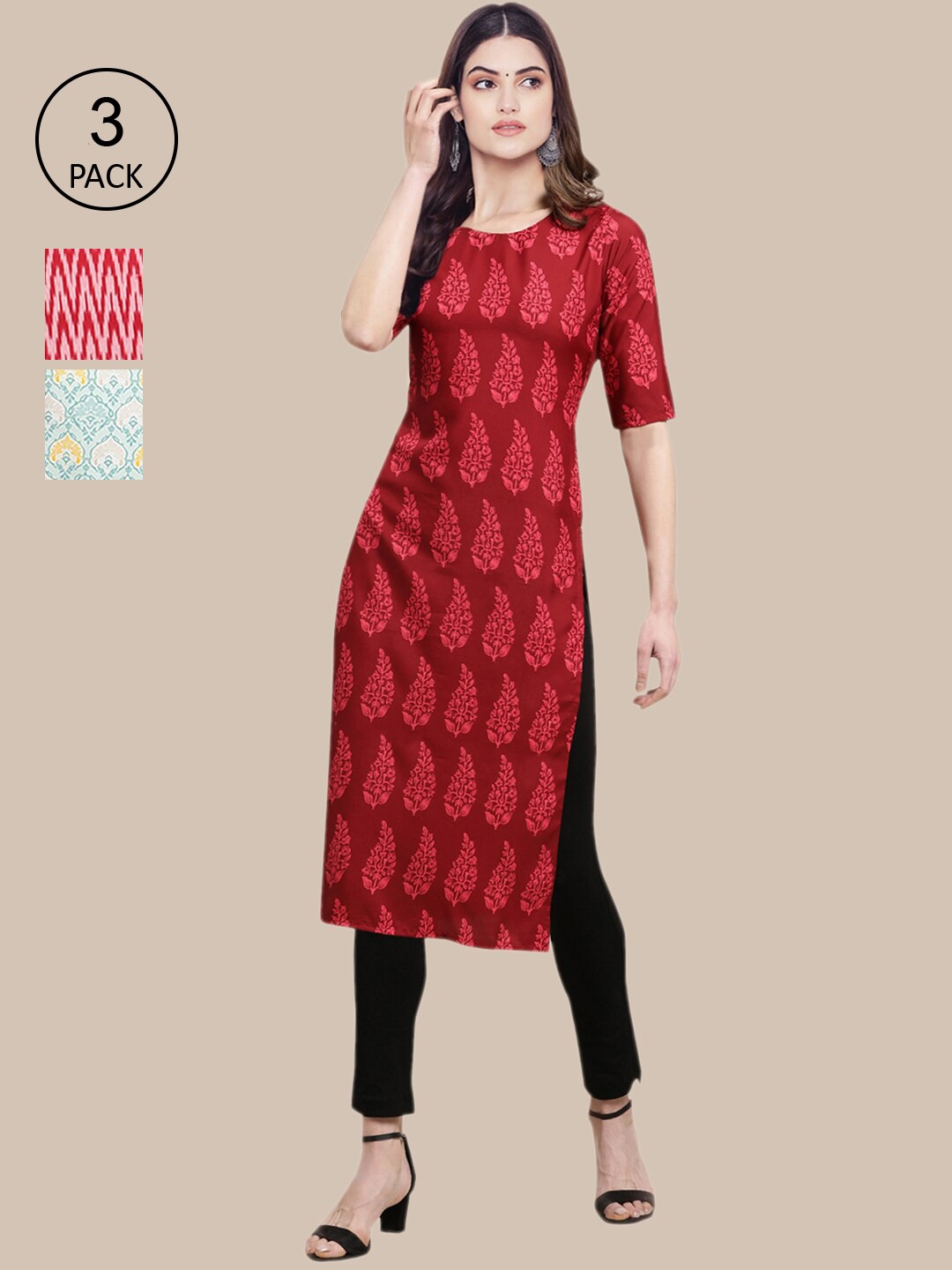

Ethnic basket Women Pack Of 3 Ethnic Motifs Printed Crepe Kurta, Red