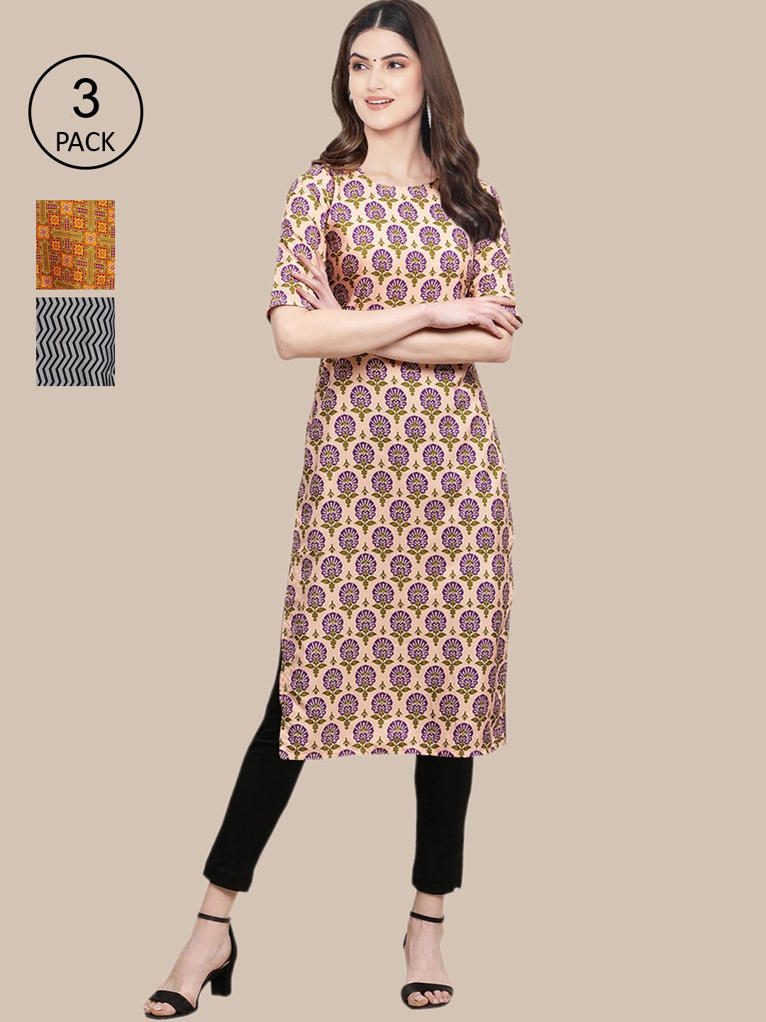 

Ethnic basket Women Pack Of 3 Ethnic Motifs Printed Block Print Crepe Kurta, Yellow