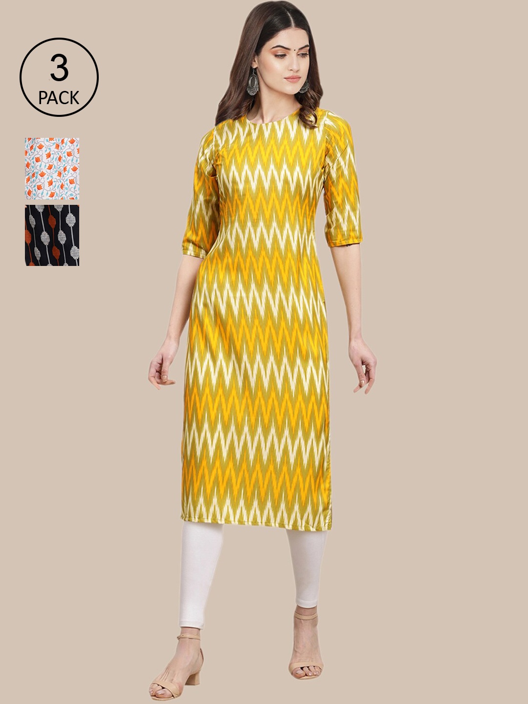

Ethnic basket Stylish Pack of 3 Women's Crepe Printed Straight Kurta, Yellow