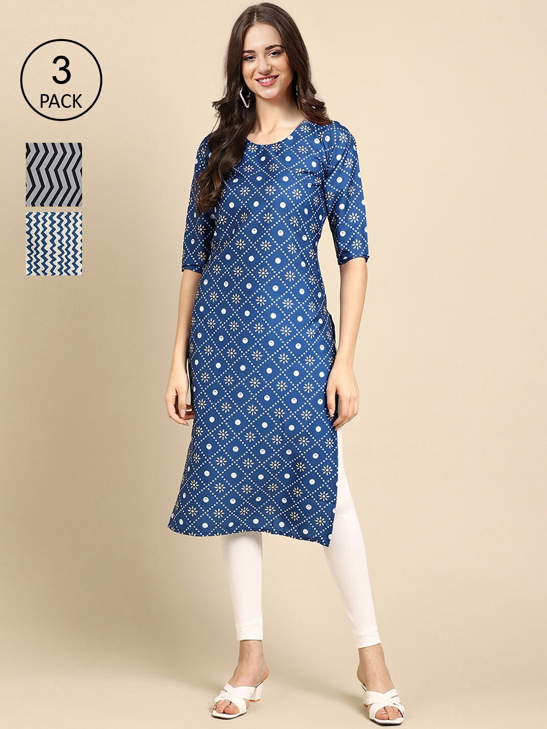 

Ethnic basket Women Pack Of 3 Ethnic Motifs Printed Crepe Kurta, Blue