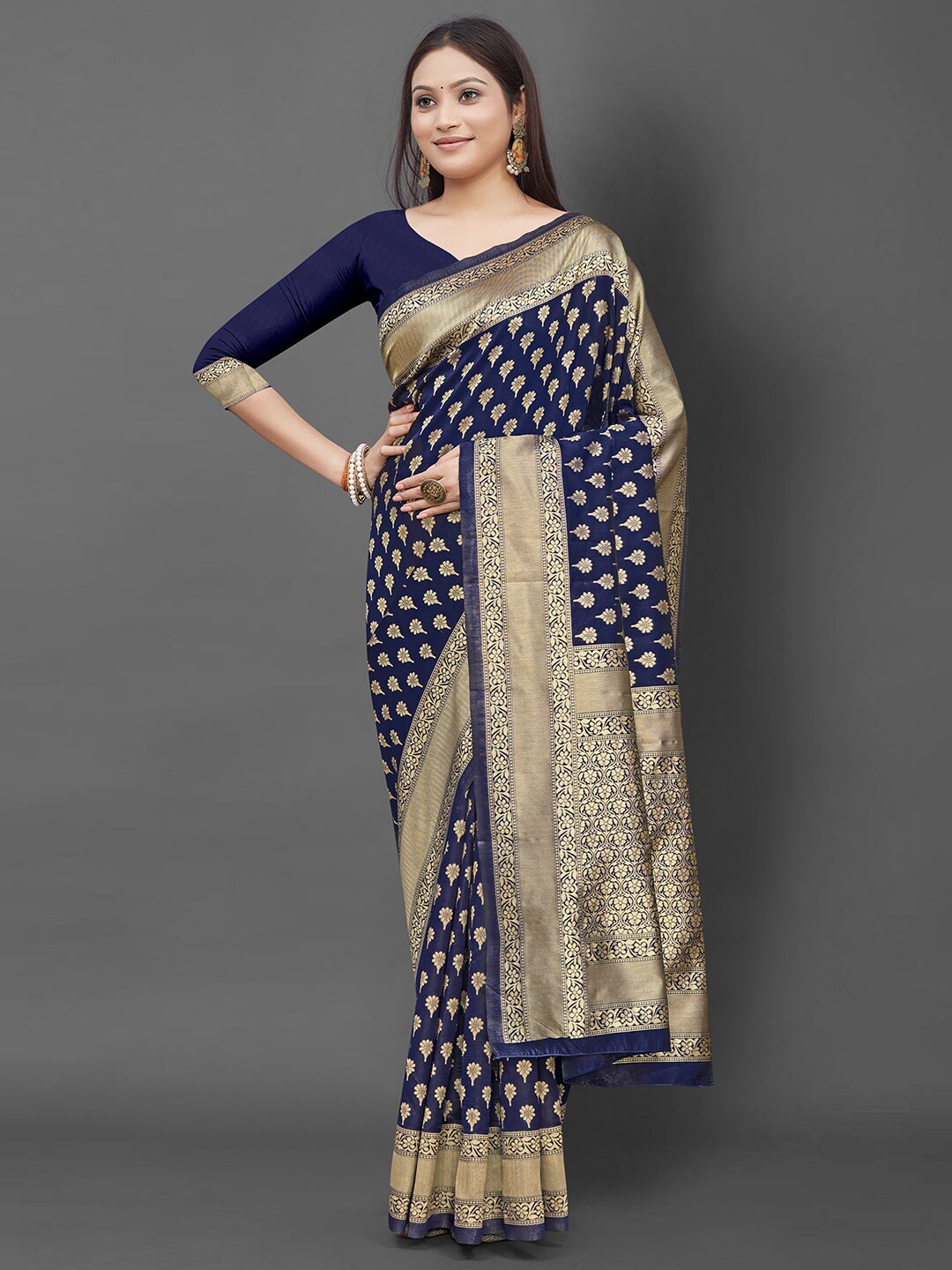 

KALINI Navy Blue & Gold-Toned Woven Design Zari Silk Blend Banarasi Saree