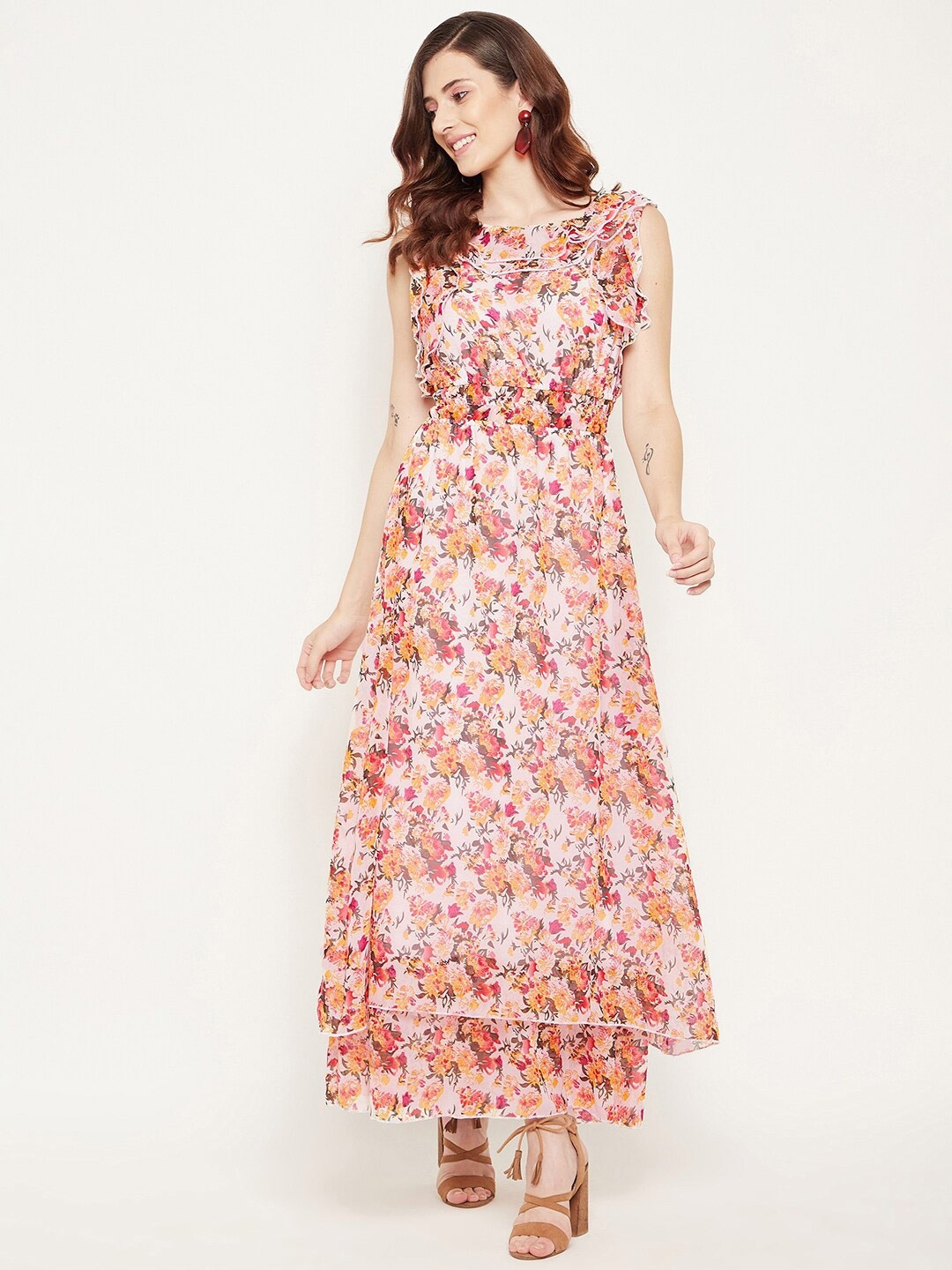 

Bitterlime Women Off White & Red Floral Georgette Layered Maxi Dress