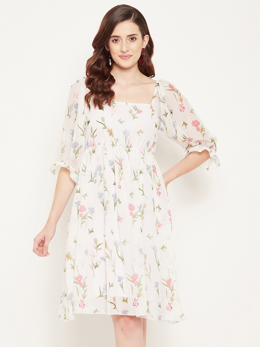 

Bitterlime White Floral Georgette Mini Fit and Flare Dress
