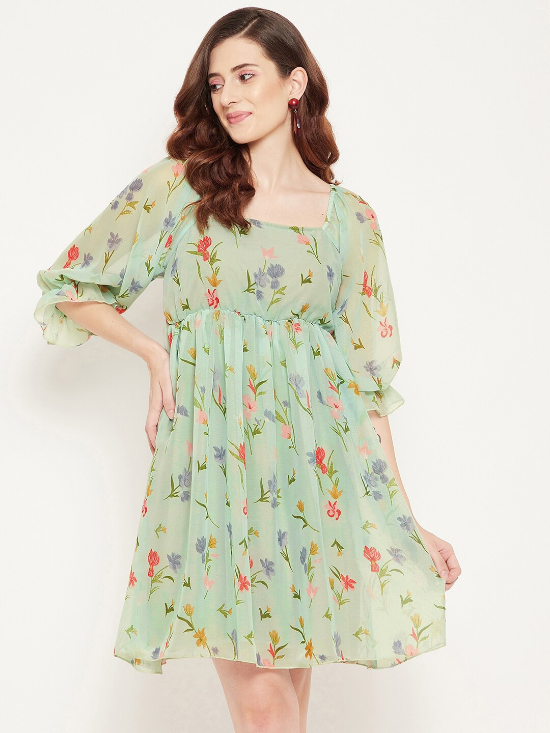 

Bitterlime Green & Red Floral Georgette A-Line Dress