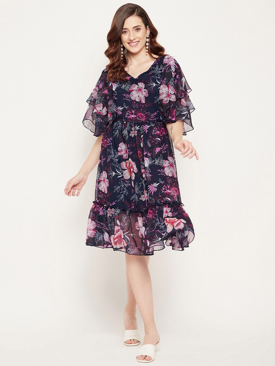 

Bitterlime Navy Blue & Pink Floral Georgette Dress