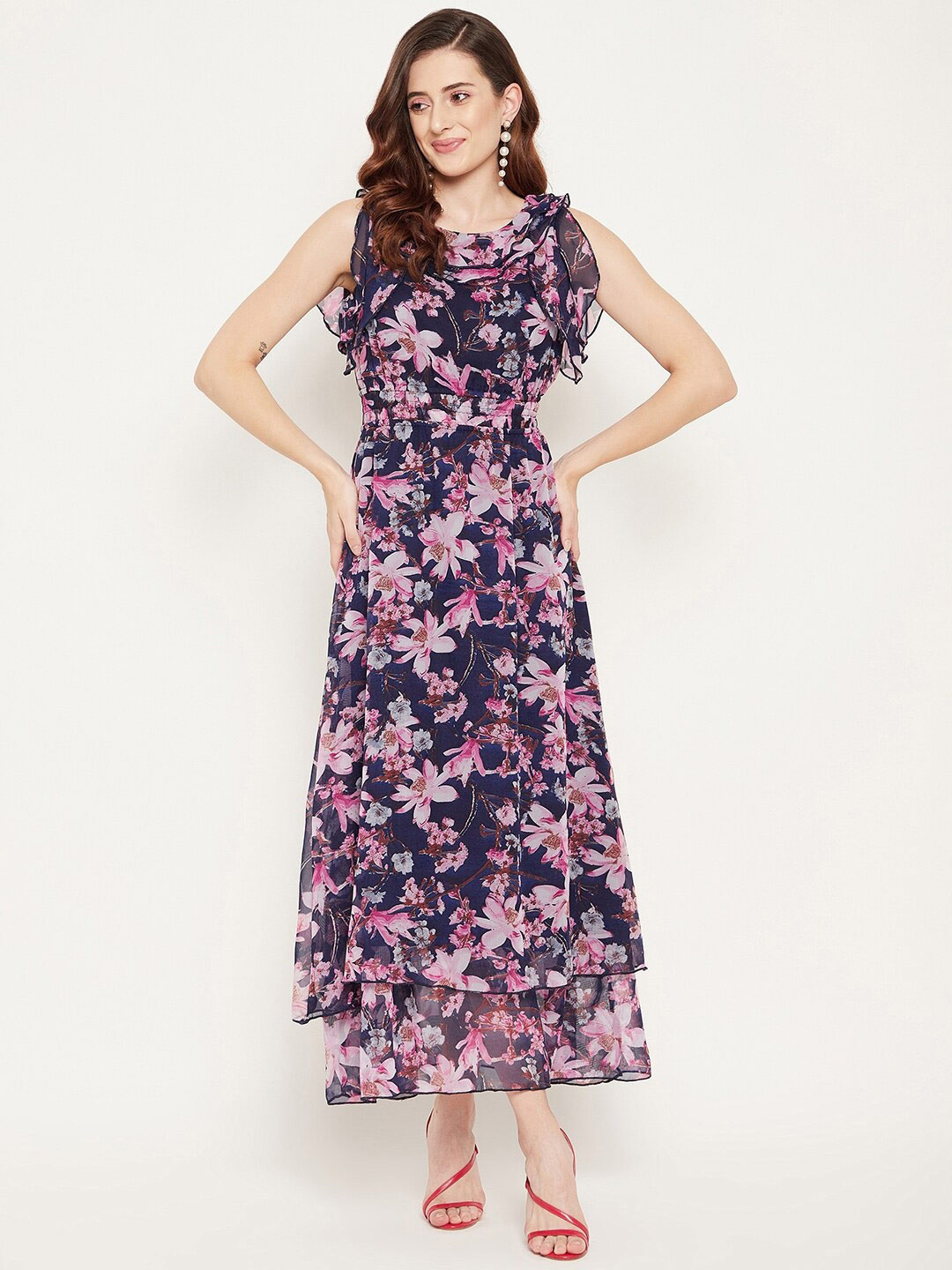 

Bitterlime Women Navy Blue & Pink Floral Georgette Maxi Dress