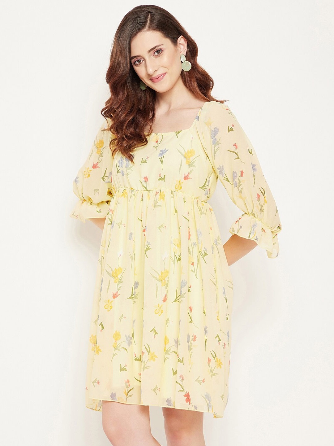

Bitterlime Yellow Floral Georgette Dress