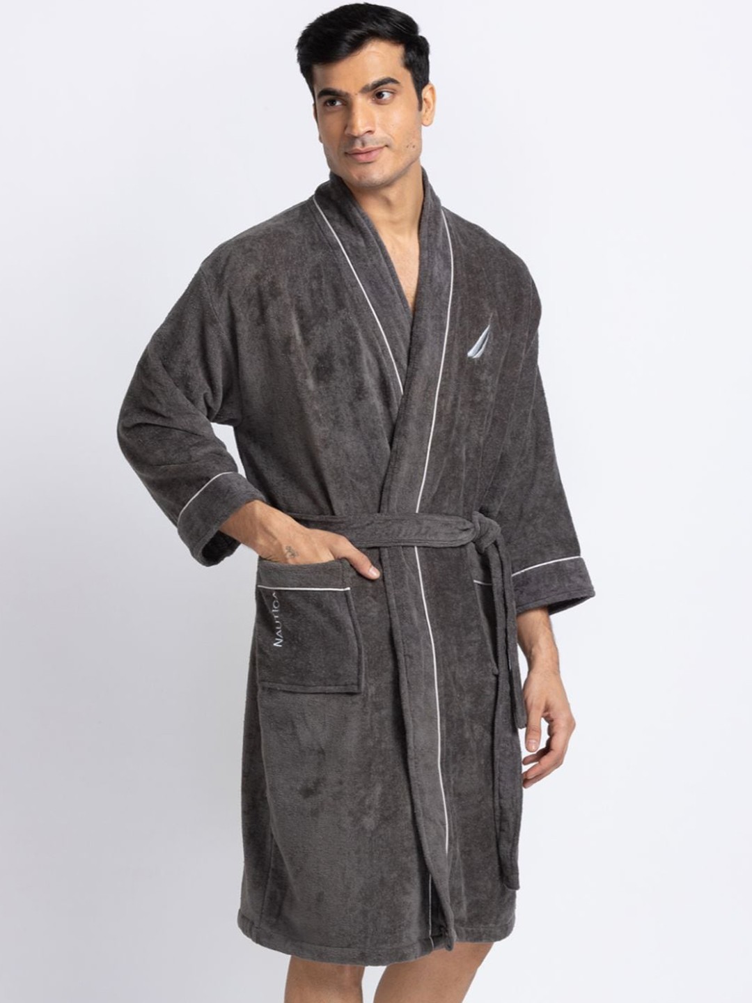 

Nautica Men Grey Solid Pure Cotton Bath Robe With Belt