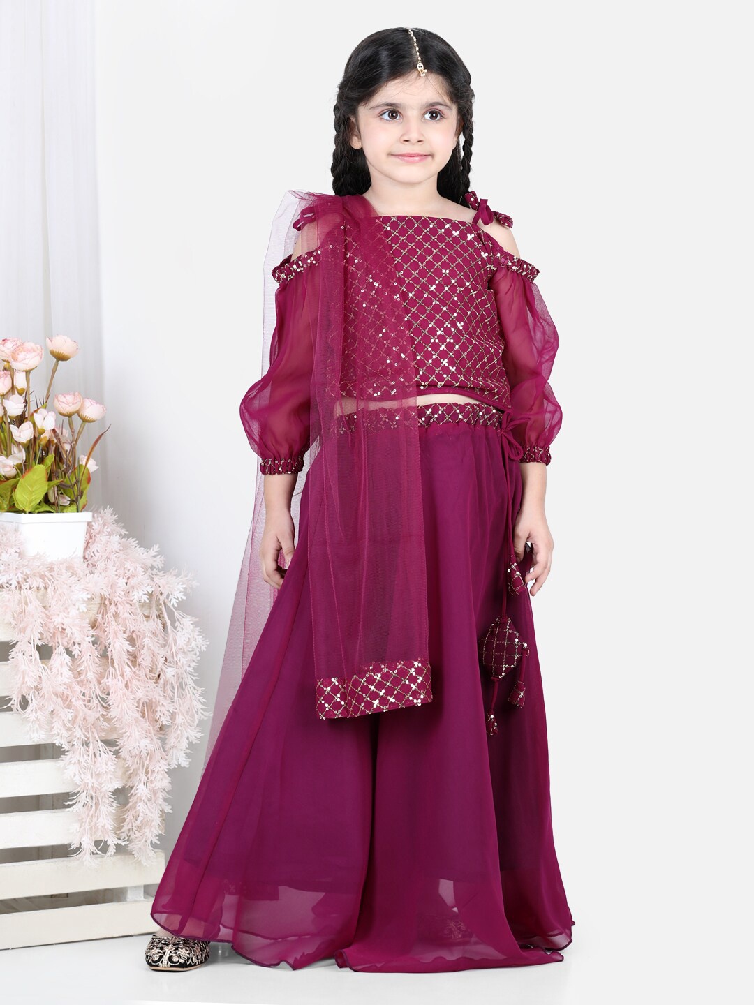 

BownBee Girls Burgundy & Gold-Toned Ready to Wear Lehenga & Blouse With Dupatta