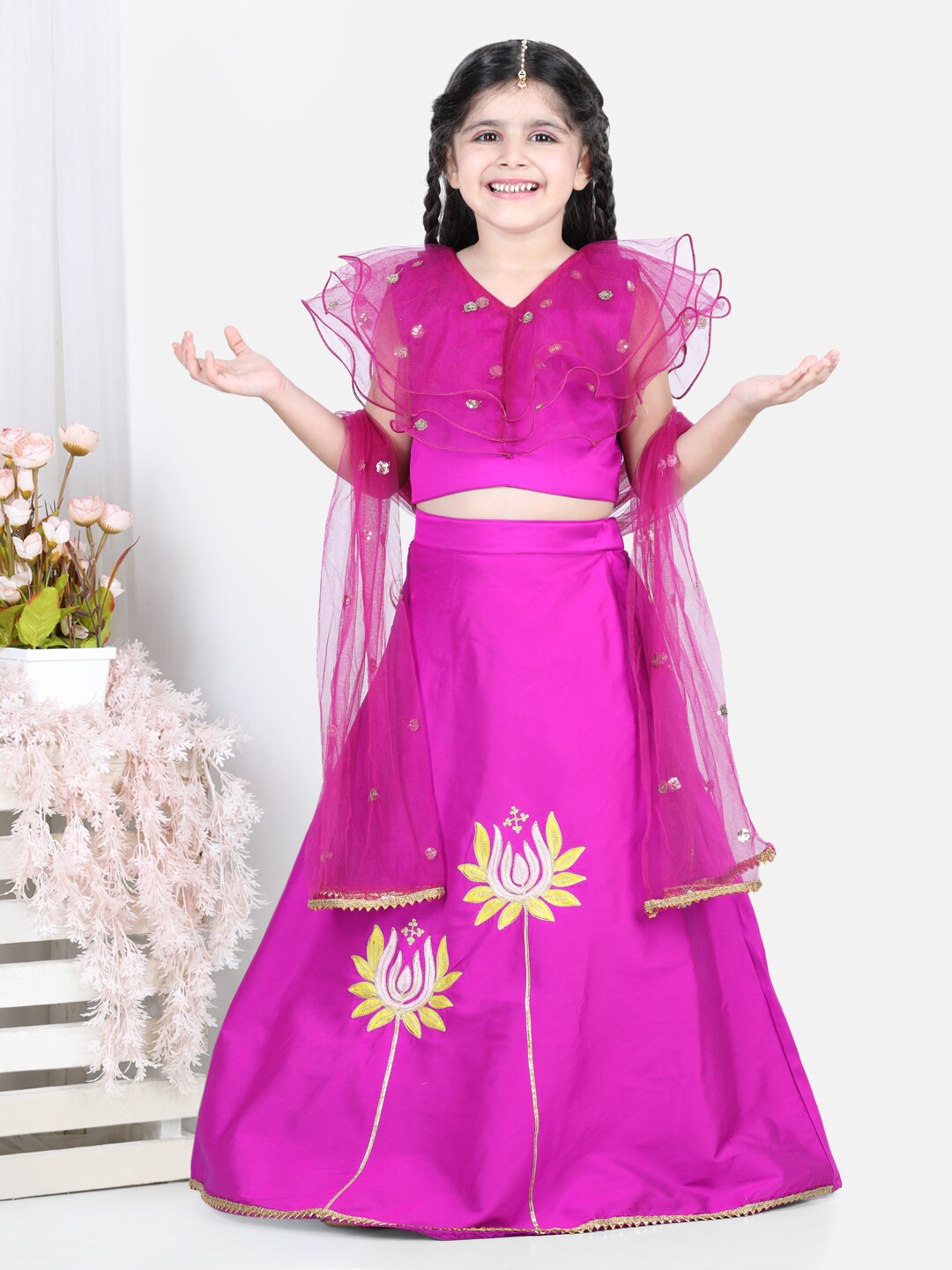 

BownBee Girls Pink & Yellow Embroidered Sequinned Ready to Wear Lehenga & Blouse With Dupatta