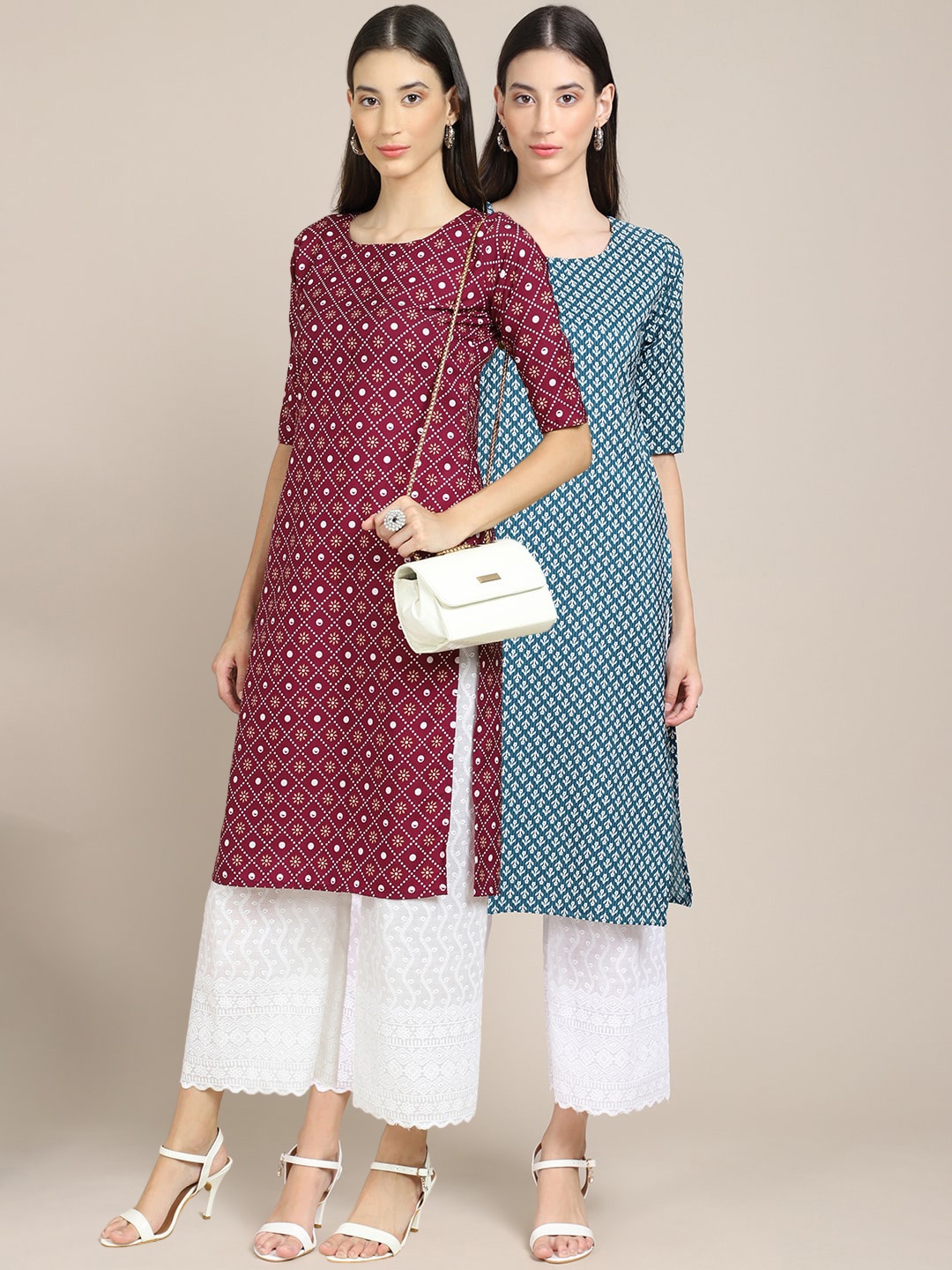 

7Threads Pack Of 2 Women Maroon & Teal Ethnic Motifs Printed Crepe Kurta