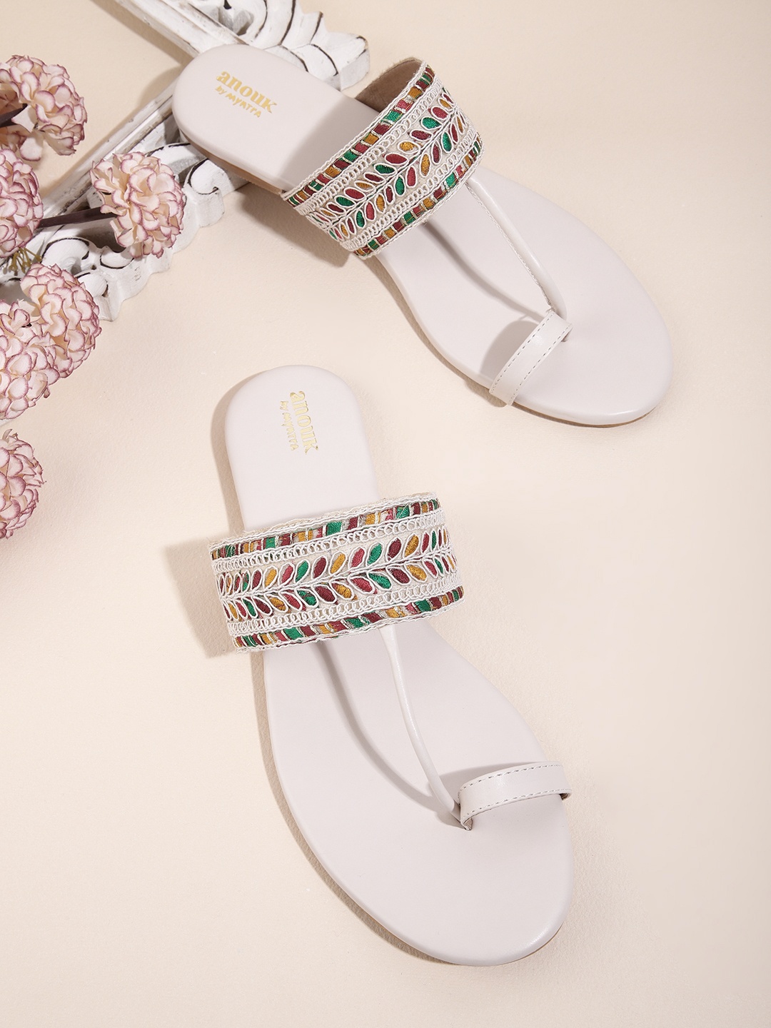 

Anouk Women Off-White Floral Embroidered Ethnic One Toe Flats