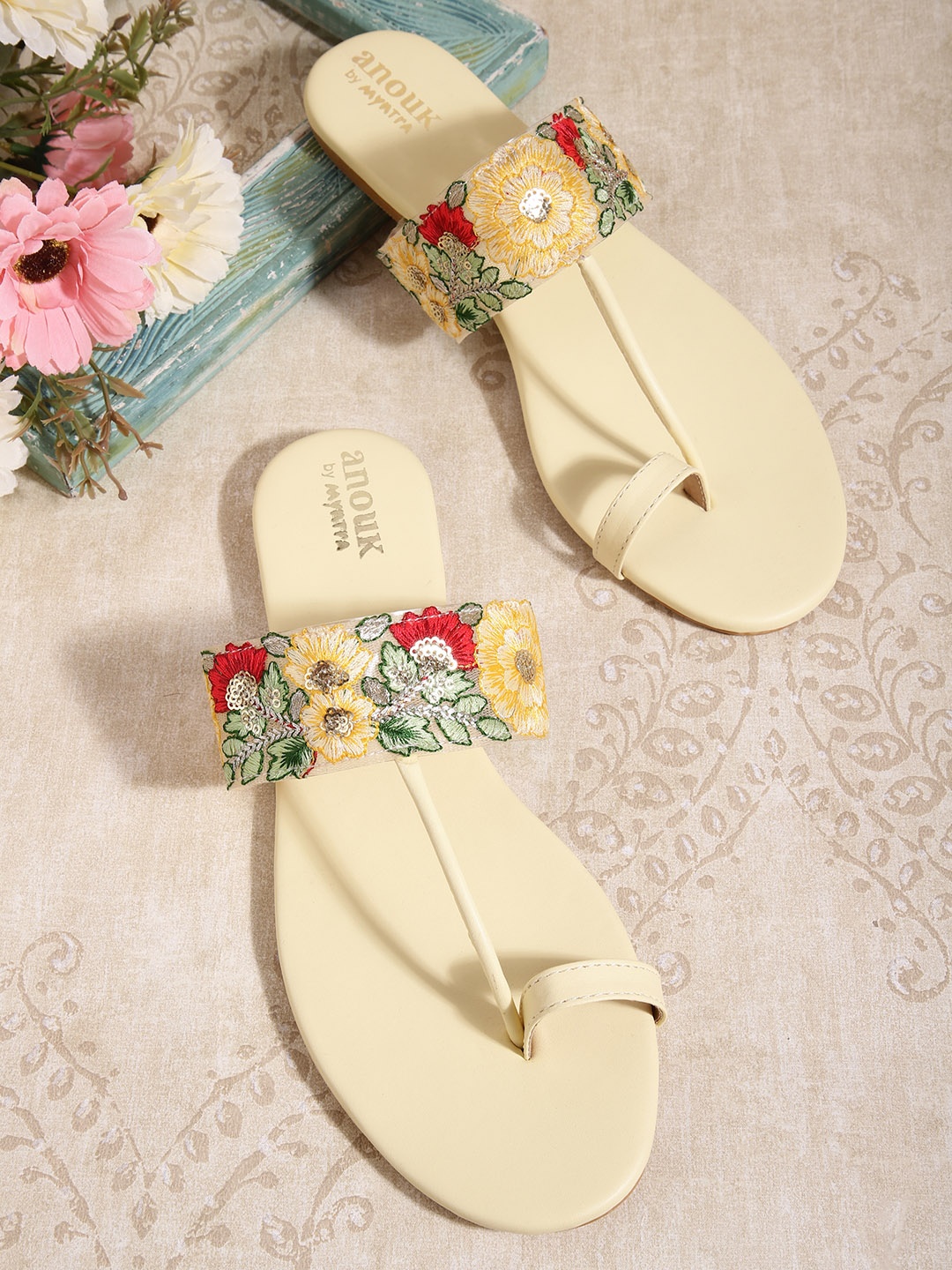

Anouk Women Yellow & Red Floral Embroidered Ethnic One Toe Flats