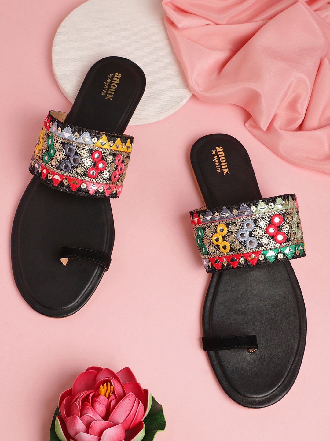

Anouk Women Black & Gold-Toned Mirror Embellished Ethnic One Toe Flats