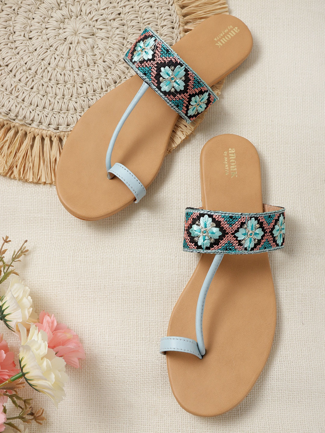 

Anouk Women Blue & Pink Floral Embroidered Ethnic One Toe Flats