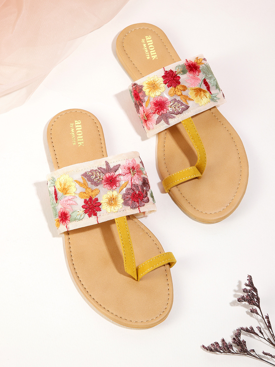 

Anouk Women Beige & Mustard Yellow Woven Design Ethnic One Toe Flats