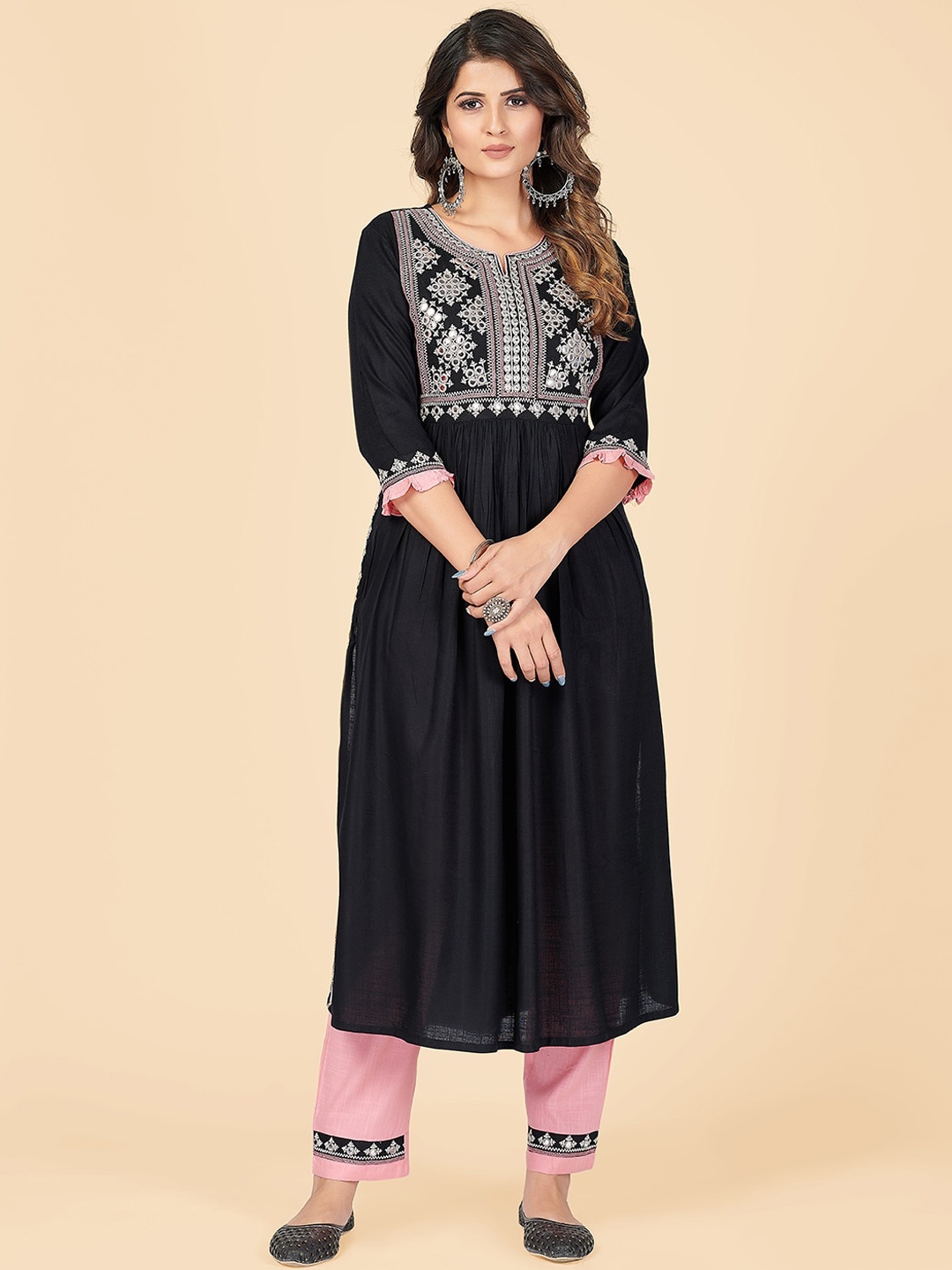 

Vbuyz Women Ethnic Motifs Embroidered Pleated Mirror Work Kurta with Trouser, Black