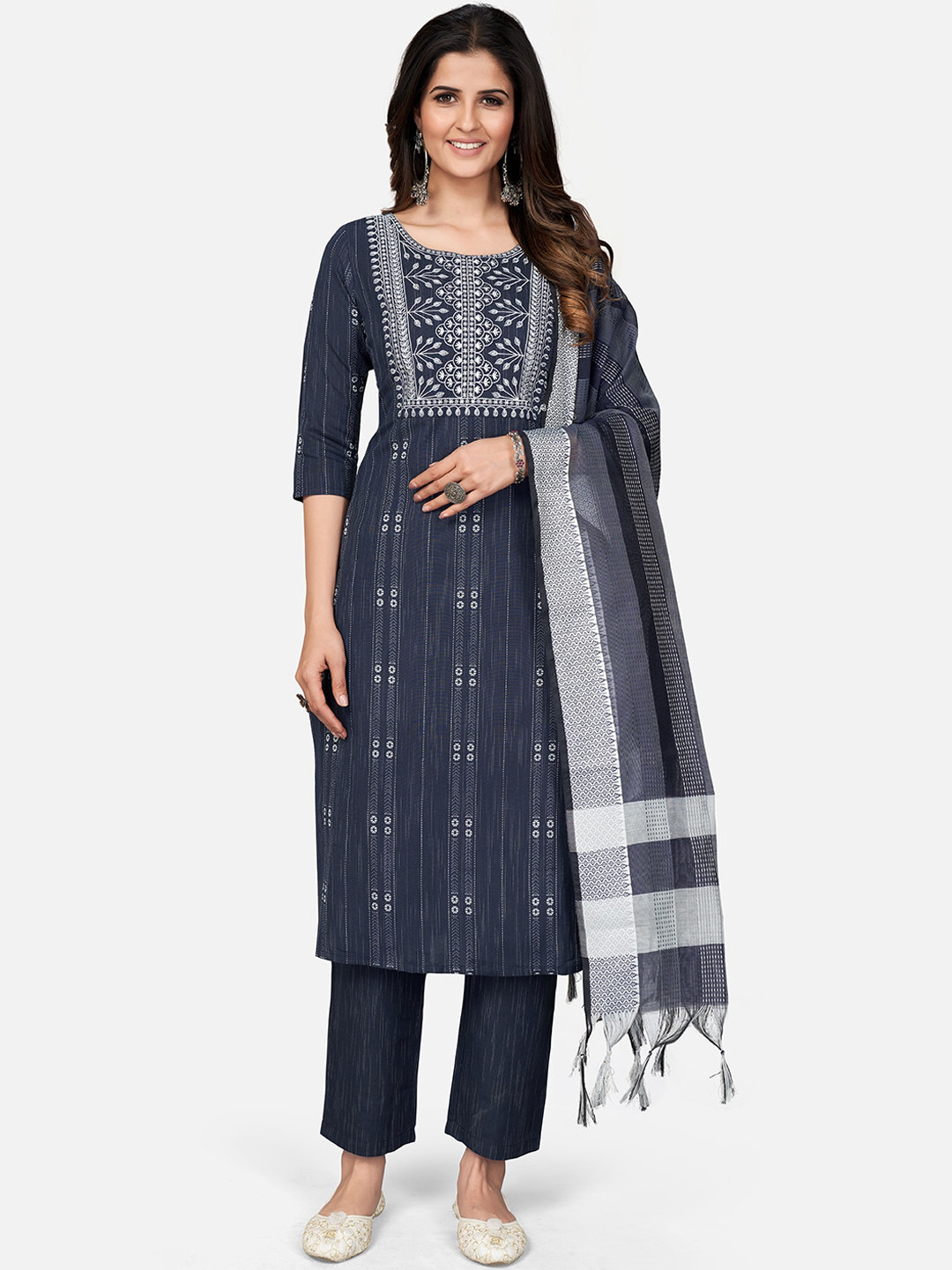 

Vbuyz Women Printed Thread Work Pure Cotton Kurta with Trousers & With Dupatta, Navy blue