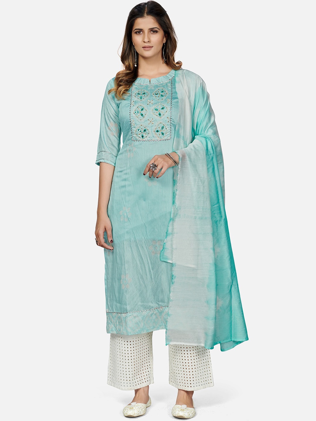 

KALINI Batik Print Straight Chanderi Stitched Kurta With Dupatta, Turquoise blue