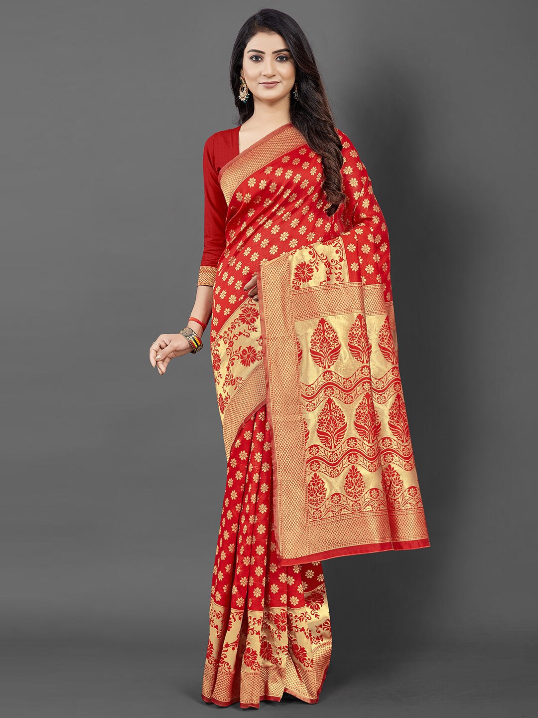 

KALINI Red & Gold-Toned Woven Design Zari Silk Blend Banarasi Saree