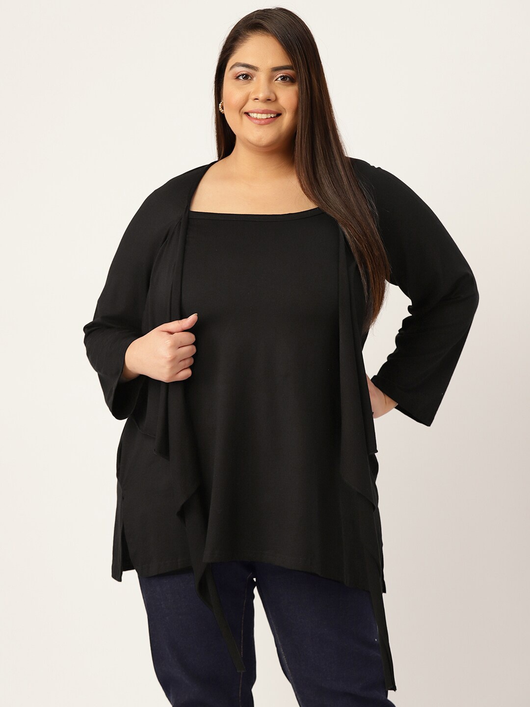 

theRebelinme Women Plus size Black Layered Cape Top