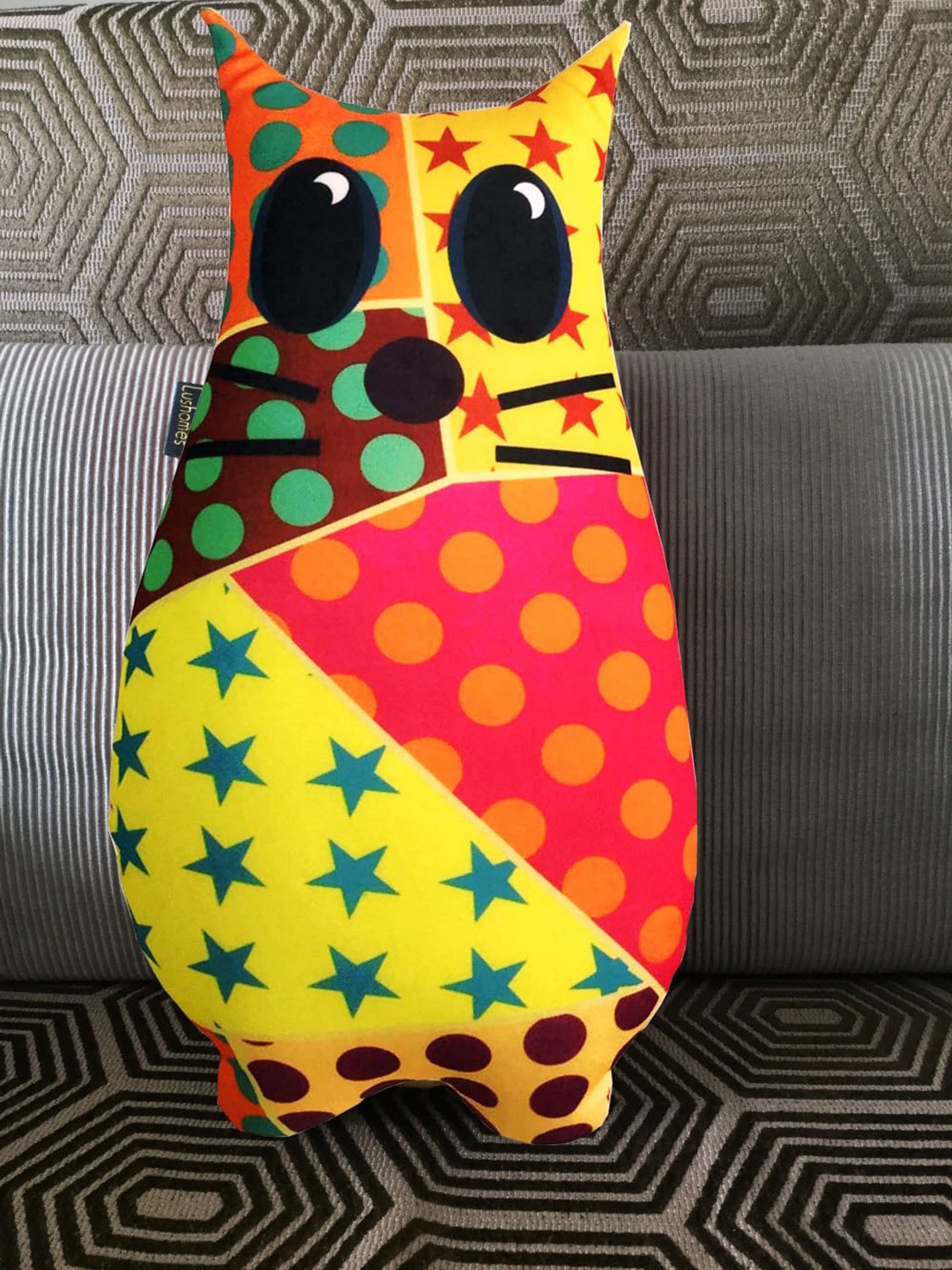 

Lushomes Multi Printed Owl Shape Cushion, Yellow