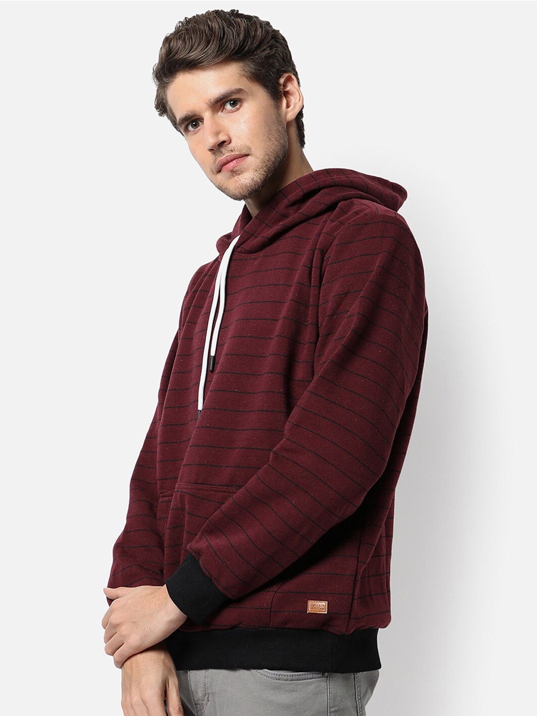 

Campus Sutra Men Maroon Striped Hooded Sweatshirt