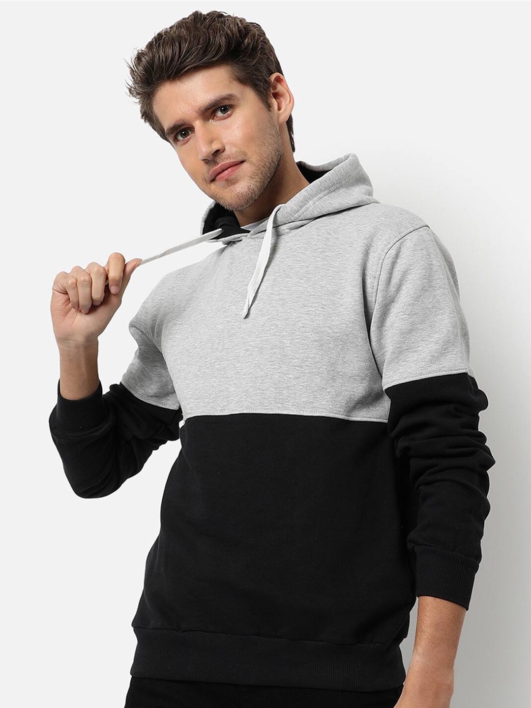 

Campus Sutra Men Black & Grey Colourblocked Hooded Sweatshirt