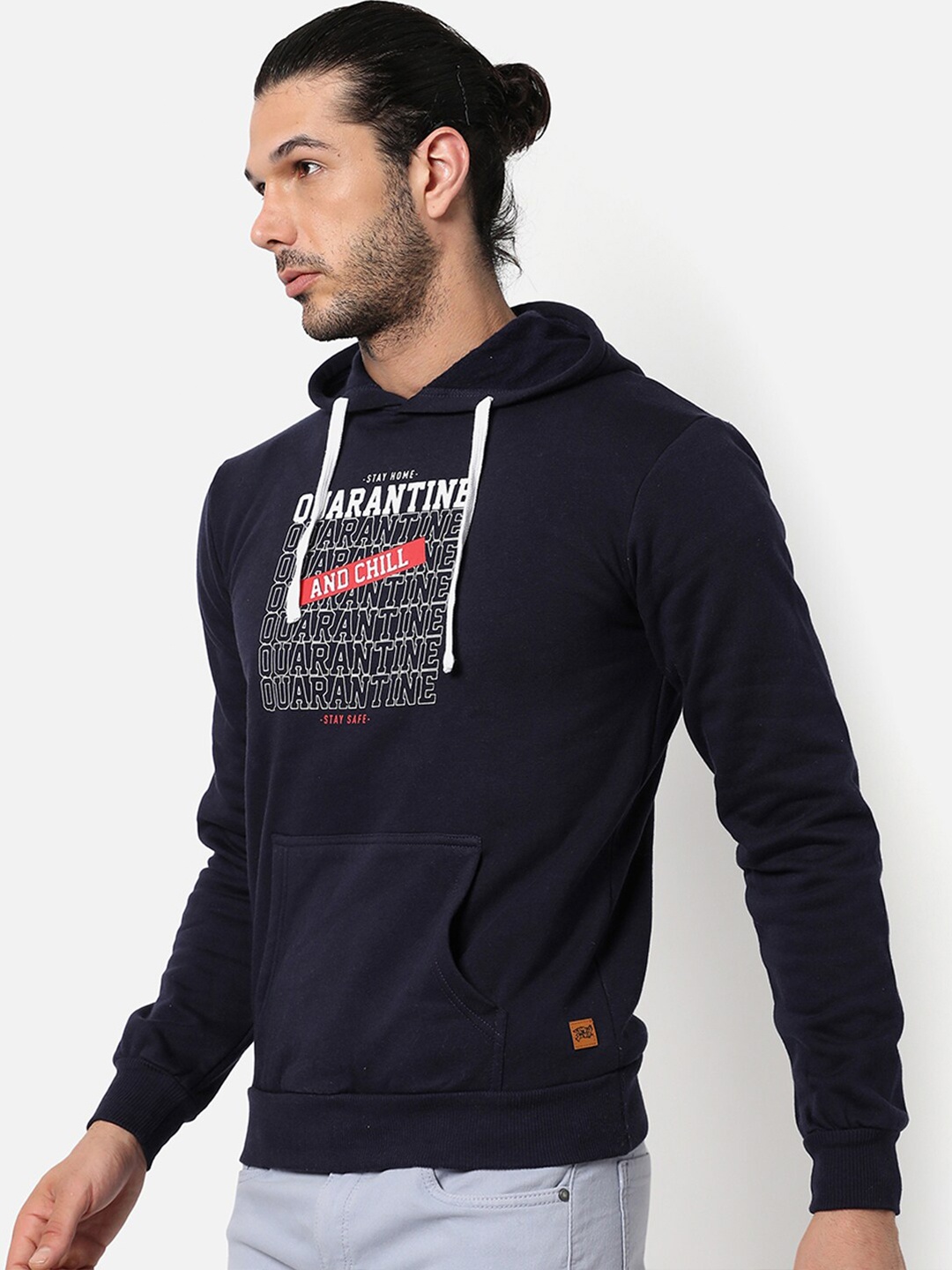 

Campus Sutra Men Navy Blue Printed Hooded Cotton Sweatshirt
