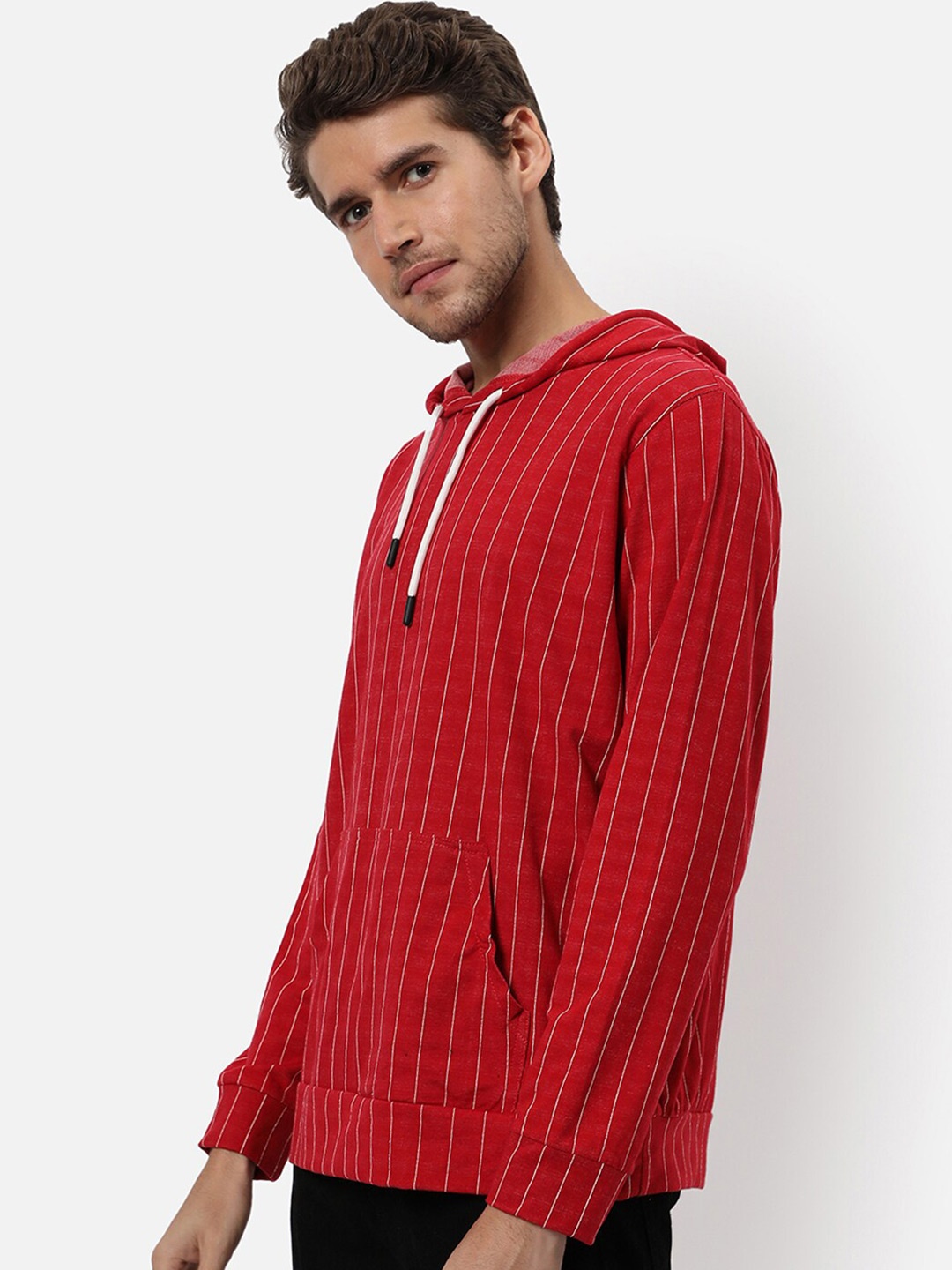

Campus Sutra Men Maroon Striped Hooded Sweatshirt