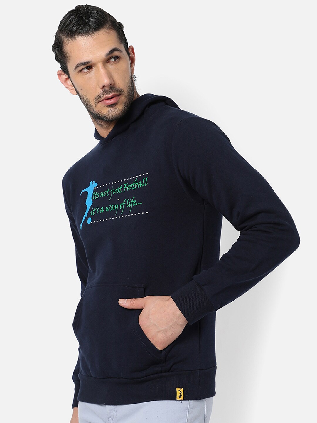 

Campus Sutra Men Navy Blue Printed Cotton Hooded Sweatshirt