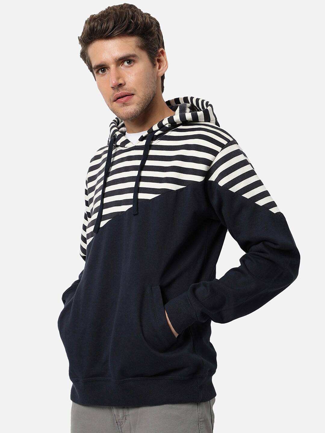 

Campus Sutra Men's Blue & White Striped Regular Fit Sweatshirt With Hoodie For Winter Wear