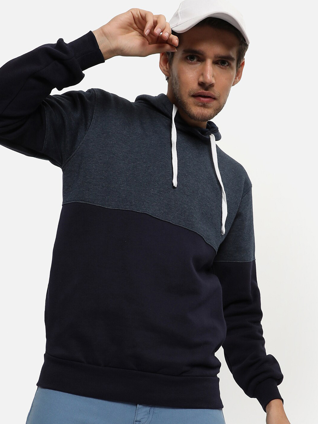 

Campus Sutra Men Navy Blue Colourblocked Hooded Sweatshirt