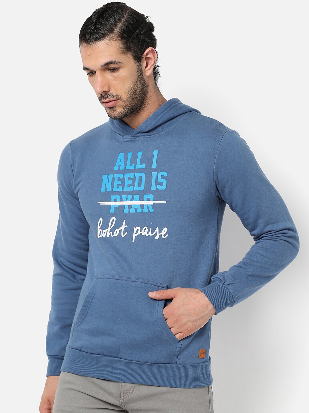 

Campus Sutra Men Blue Printed Hooded Sweatshirt