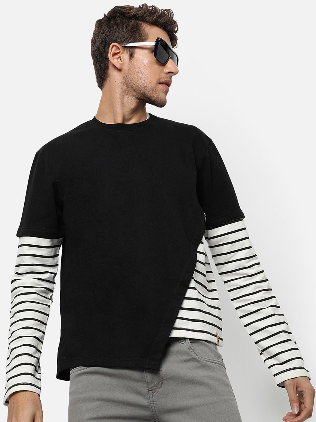 

Campus Sutra Men Black Striped Cotton Sweatshirt