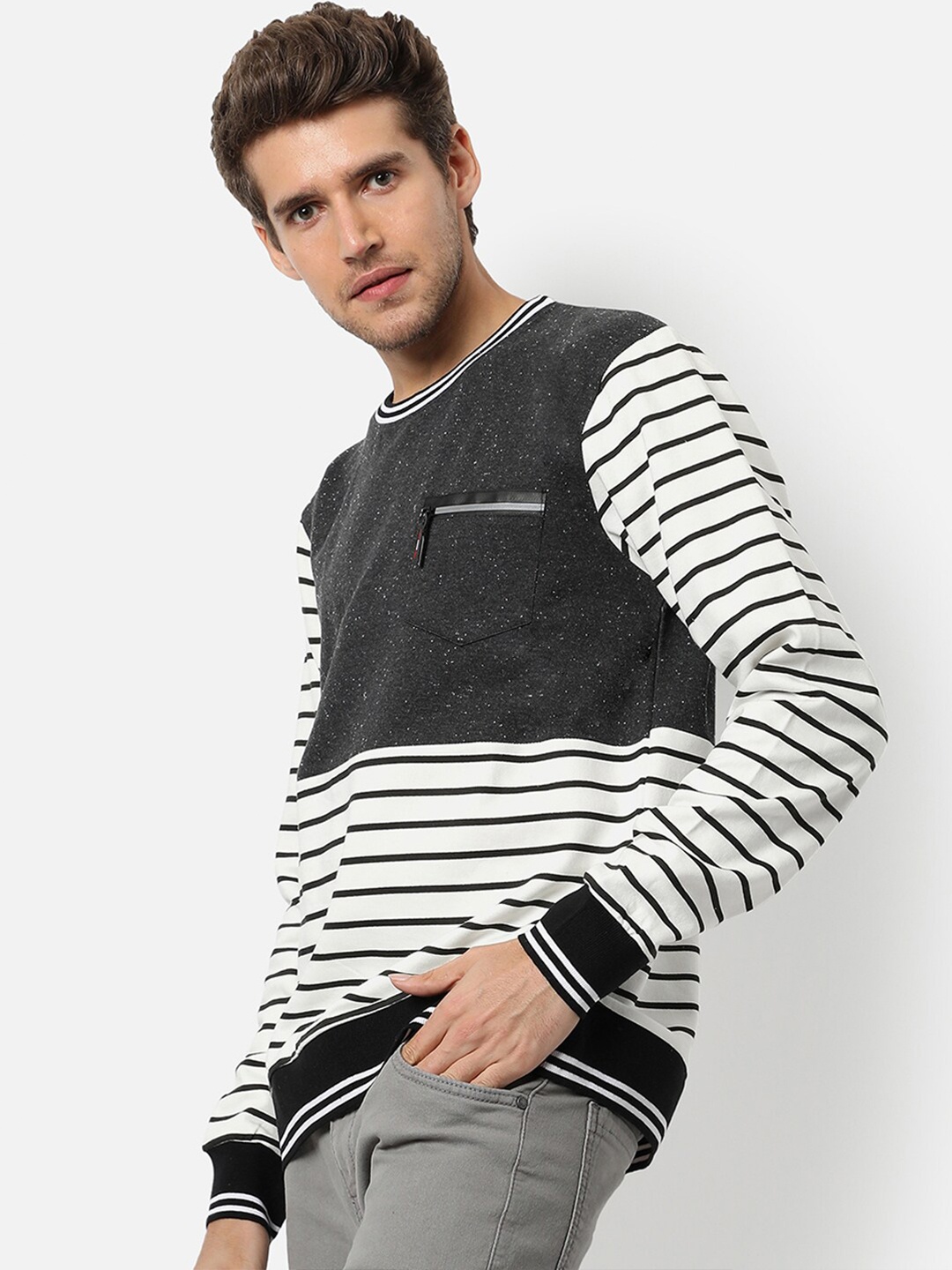 

Campus Sutra Men White Striped Sweatshirt