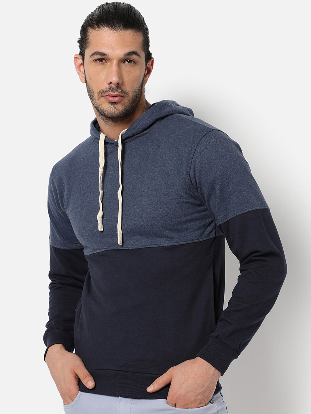 

Campus Sutra Men Blue Colourblocked Hooded Cotton Sweatshirt