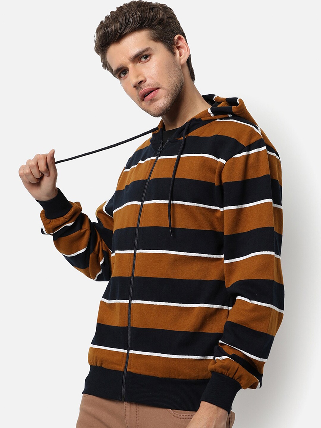 

Campus Sutra Men Brown Striped Hooded Sweatshirt