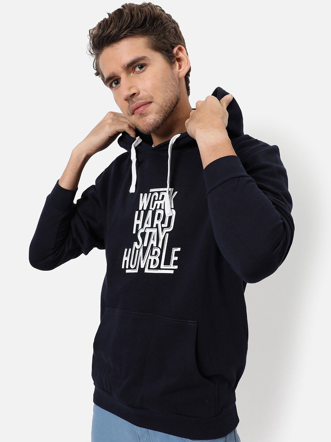 

Campus Sutra Men Navy Blue Printed Hooded Sweatshirt