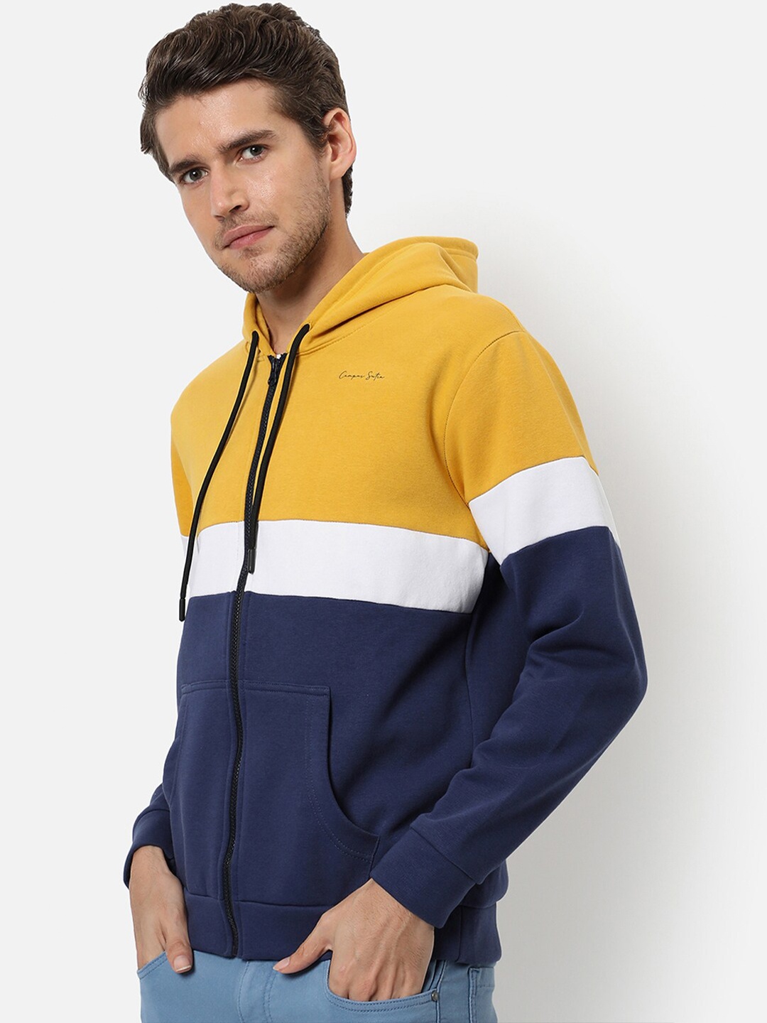 

Campus Sutra Men Yellow Cotton Colourblocked Hooded Sweatshirt
