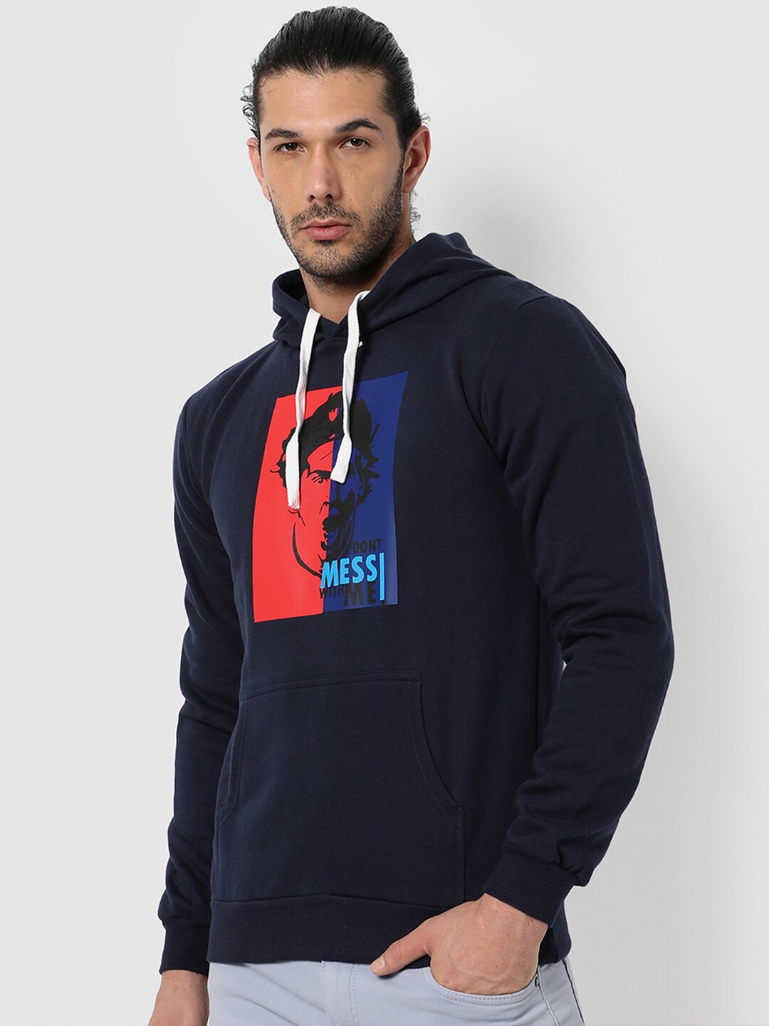 

Campus Sutra Men Blue Printed Cotton Hooded Sweatshirt