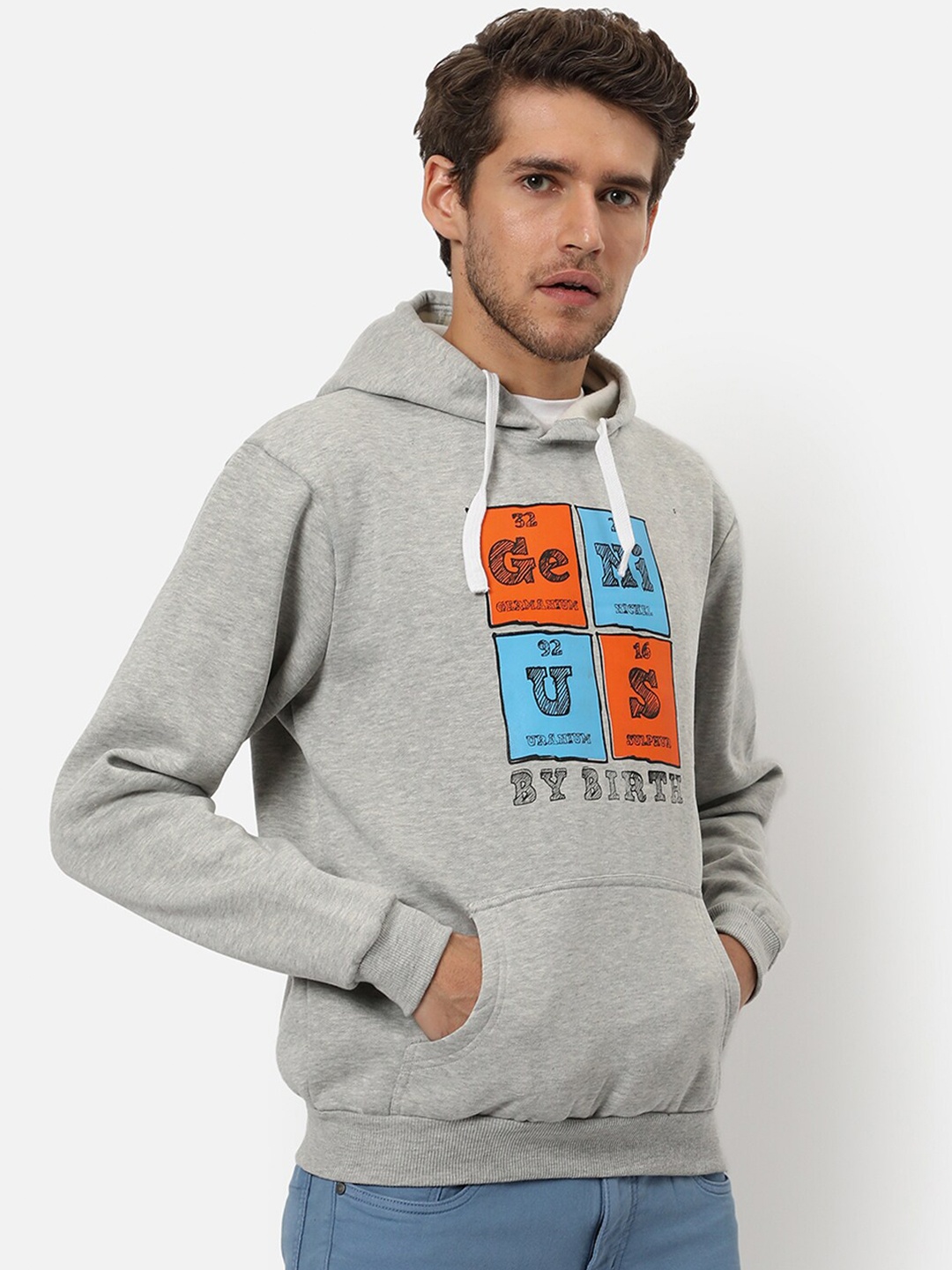 

Campus Sutra Men Grey Printed Hooded Sweatshirt