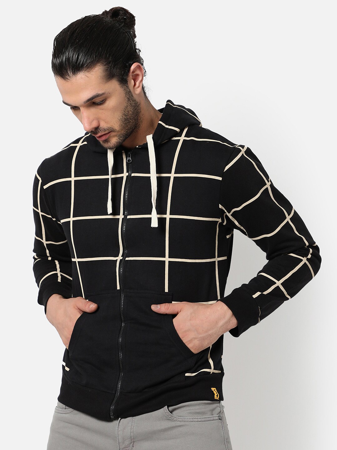 

Campus Sutra Men Black Checked Hooded Sweatshirt