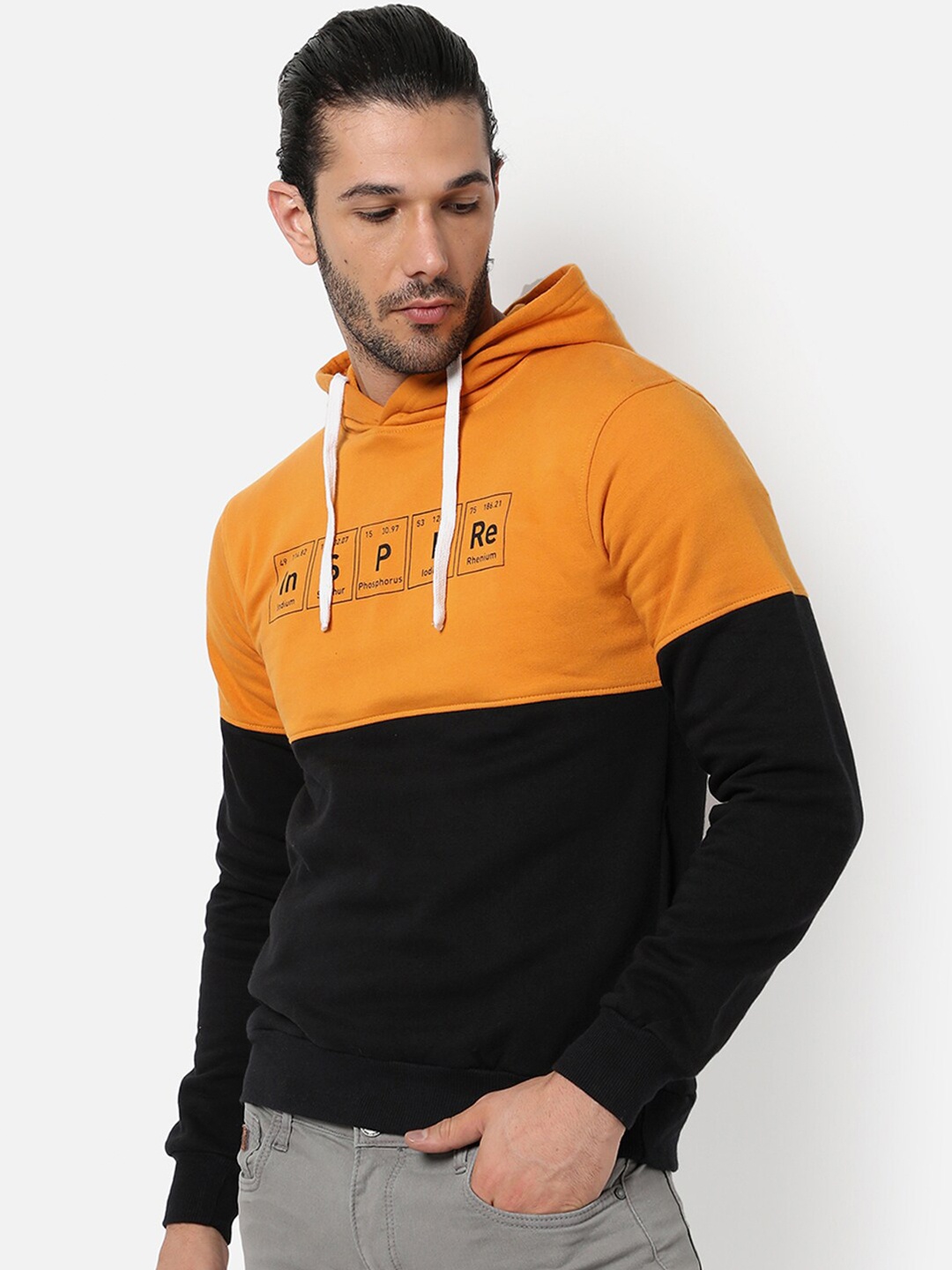 

Campus Sutra Men Orange Colourblocked Hooded Sweatshirt